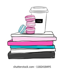 Stack of cute colorful Macaroons and with coffee cup on fashion magazines books. Hand drawn beautiful girls concept with stack of books, fashion magazines, macaron cakes. Fashion vector illustration