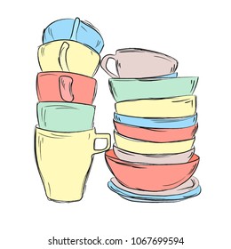 A stack of cute colorful mugs and cups. Sketch.Vector image on white background.