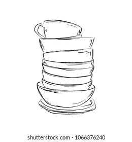 A stack of cute  dishes. Plates, cups and mugs.Sketch. Vector image isolated on white background.