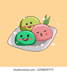 Stack of cute mochi in kawaii style with smiling faces. Japanese traditional cuisine dishes. Can be used for t-shirt print, sticker, greeting card, menu design.