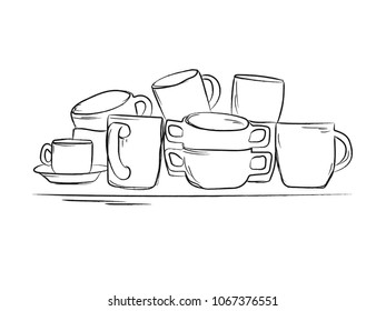 A stack of cute  mugs and cups. Sketch.Vector image on white background.