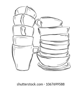 A stack cute  mugs   cups  Sketch Vector image white background 