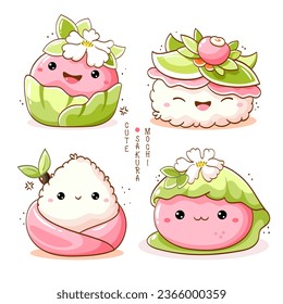 Stack of cute sakura mochi in kawaii style. Japanese traditional cuisine dish confectionery wrapped in cherry leaves. Can be used for t-shirt print, sticker, greeting card, menu design. Vector EPS8  