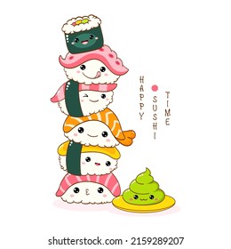 Stack of cute sushi and rolls in kawaii style with smiling faces. Japanese traditional cuisine dishes. Can be used for t-shirt print, sticker, greeting card, menu design. Vector illustration EPS8  