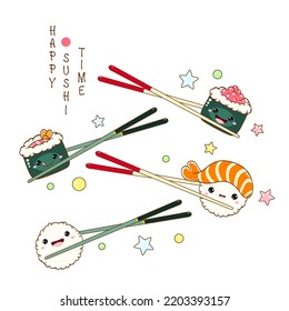 Stack of cute sushi and rolls in kawaii style with smiling faces. Japanese traditional cuisine dishes. Can be used for t-shirt print, sticker, greeting card, menu design. Vector illustration EPS8  