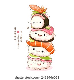 Stack of cute sushi and rolls in kawaii style with smiling faces. Japanese traditional cuisine dishes. Can be used for t-shirt print, sticker, greeting card, menu design. Vector illustration EPS8  