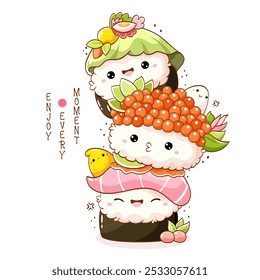 Stack of cute sushi and rolls in kawaii style with smiling faces. Japanese traditional cuisine dishes. Can be used for t-shirt print, sticker, greeting card, menu design. Vector illustration EPS8  