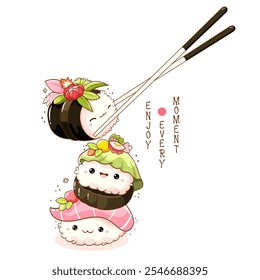 Pila de sushi lindo y rollos en estilo kawaii con caras sonrientes. Platos de cocina tradicional japonesa. Puede ser utilizado para la impresión de la camiseta, etiqueta engomada, tarjeta de felicitación, diseño del menú. Ilustración vectorial EPS8  