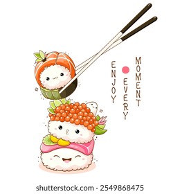 Stapel von niedlichen Sushi und Rollen im Kawaii-Stil mit lächelnden Gesichtern. Japanische Gerichte der traditionellen Küche. Kann für T-Shirt-Druck, Aufkleber, Grußkarte, Menü-Design verwendet werden. Vektorgrafik EPS8  