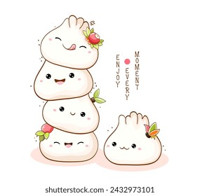 Pila de bollo de masa de masa de masa dulce tradicional china en estilo kawaii. Platos de la cocina tradicional japonesa. Inscripción Disfruta cada momento. Se puede utilizar para la impresión de la camiseta, etiqueta engomada, tarjeta de felicitación. Vector EPS8