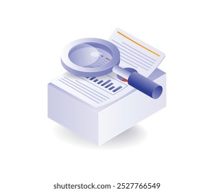 Stack of data analyst papers with magnifying glass isometric illustration