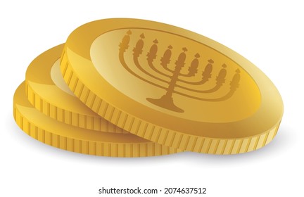 Stack of delicious Hanukkah gelt -chocolate coins- decorated with hanukkiah silhouette over white background.