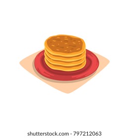 Stack of delicious pancakes on red plate. Tasty fast food dessert. Breakfast concept. Cartoon flat vector design for menu or recipe book