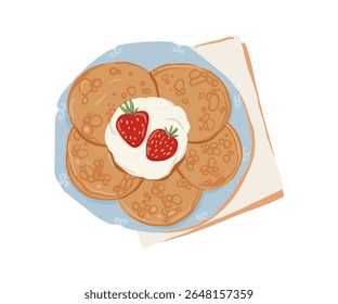 Stack of delicious pancakes with strawberries and cream. Cozy hand-drawn breakfast food illustration, perfect for cafe menus, recipe cards, or food blogs.
