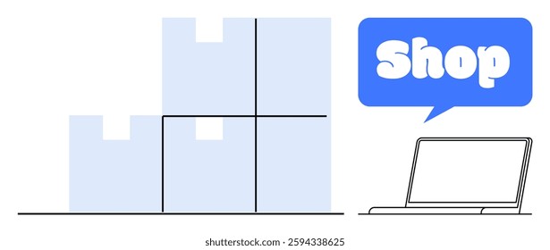 Stack of delivery boxes beside an open laptop with a speech bubble showing the word shop. Ideal for online shopping e-commerce logistics delivery services retail business stock management