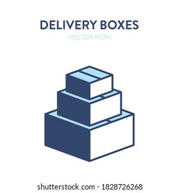 Stack of delivery boxes flat isometric icon. Vector illustration of closed cardboard boxes of different sizes. Postal service, parcel package, delivery service icon, packing things