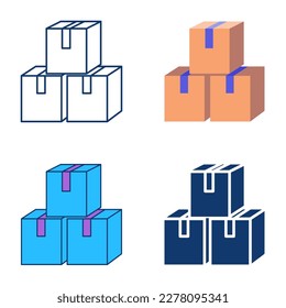 Stack of delivery boxes icon set in flat and line style. Cardboard parcel, postal box symbol. Vector illustration.