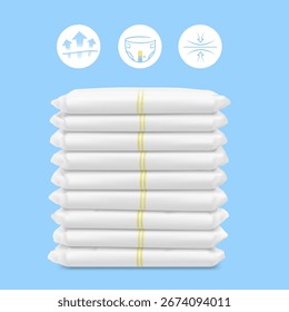 Windelstapel, Hosen-Mockup mit Symbolen. Vektorgrafik auf farbigem Hintergrund. Perfekt, um die Windel, ihre wichtigsten Teile und Vorteile zu zeigen. EPS10.