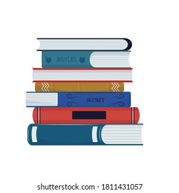 Pila de libros diferentes al estilo de las caricaturas aisladas en el fondo blanco. Elemento de diseño elegante. Educación, concepto de investigación.