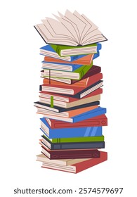 Stack different books. Dictionary, encyclopedia and notebook. Colorful covers. knowledge symbol, library or bookstore elements. Fiction and science literature. Cartoon flat vector concept