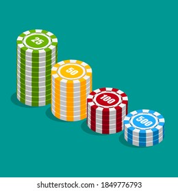 Stack of different colors casino chips. Poker chip heap. Isometric design. Vector illustration.
