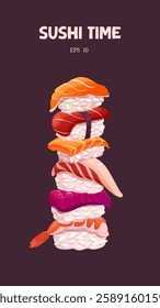 A stack of different nigiri sushi with the inscription 'Sushi Time' on a dark background.  Vector illustration