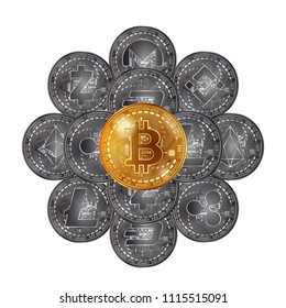 Stack with different silver cryptocurrency coins and golden bitcoin in the middle