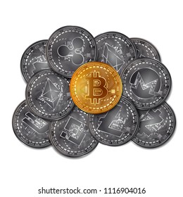 Stack of different silver cryptocurrency coins with golden bitcoin in the middle