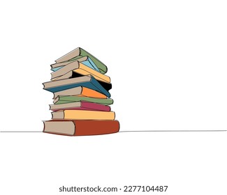 Stack of different sizes of books one line colored art. Continuous line color drawing of book, library, education, school, study, literature, paper, textbook, knowledge, learn, page, reading.