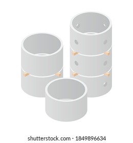 Stack of different types concrete ring isometric icon. Concrete sewerage and septic tanks well element set, isolated on a white background. Building materials. Vector illustration. 3D flat style.