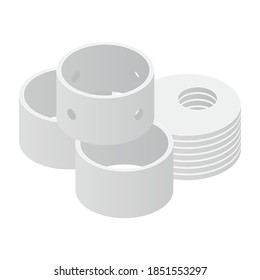 Stack of different types concrete ring isometric icon. Concrete sewerage and septic tanks well element set, isolated on a white background. Building materials. Vector illustration. 3D flat style.