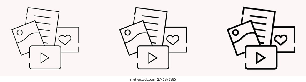Stack of Digital Content: Photos, Videos, Documents, and Heart Icon for Social Media Marketing, Blogging, and Online Presence