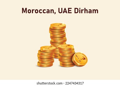 Stack of Dirham gold coins. Realistic 3D gold coins. Ecommerce free credit concept.