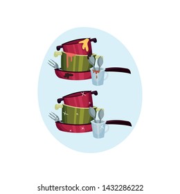 Stack of dirty and clean dishes. Vector illustration on blue oval shape background.