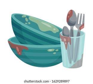 Stack of Dirty Dishes and Crockery Vector Illustration