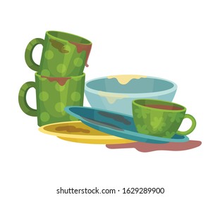 Stack of Dirty Dishes and Crockery Vector Illustration