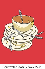 A stack of dirty dishes on a red background. Vector illustration.