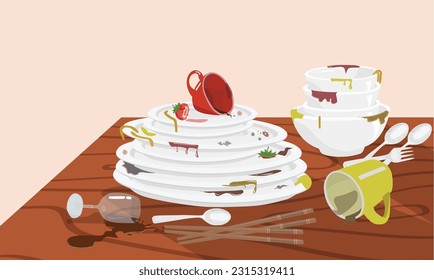 Pila de platos sucios en una mesa de madera. Pila de platos sin lavar con mancha de comida. Cubertería de casa de cocina blanca antes de lavar. Plantilla de diseño de etiquetas detergentes. Vector plano al estilo de las caricaturas.