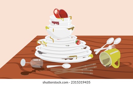 Stapel schmutziger Gerichte auf Holztisch. Anzug aus ungewaschenen Geschirr mit Lebensmittelfleck. Weißes Küchengeschirr vor dem Waschen. Design-Vorlage für die sorgfältige Kennzeichnung. Flache Vektorgrafik im Cartoon-Stil.