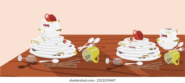 Stack of dirty dishes on wood table. Pile of unwashed dishes with food stain. White kitchen household before being washed. Detergent label design template. Flat vector  in cartoon style. Crockey set