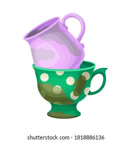 Stack of Dirty Dishes and Utensils with Cups Vector Illustration