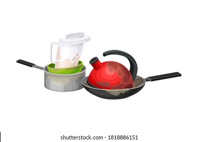 Pila de sucios platos y utensilios con Kettle y Saucepan Vector Ilustración
