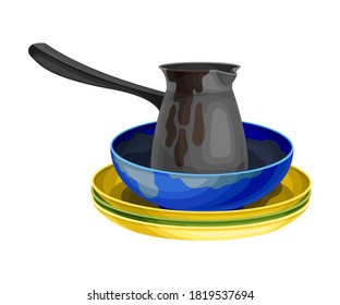 Stack of Dirty Dishes and Utensils with Plates and Jezve Vector Illustration