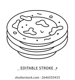 A stack of dirty plates icon in minimalist style with editable stroke. Dishwashing symbol, used tableware, kitchen cleanup, food stains, household mess, sanitation object, vector line illustration.
