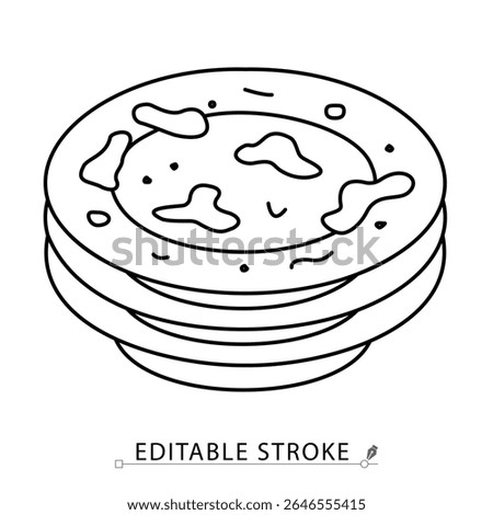 A stack of dirty plates icon in minimalist style with editable stroke. Dishwashing symbol, used tableware, kitchen cleanup, food stains, household mess, sanitation object, vector line illustration.