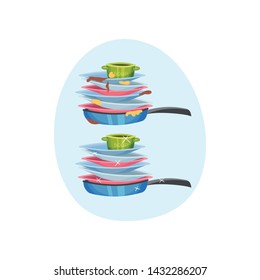 Stack of dishes in the pan. Vector illustration on blue oval shape background.