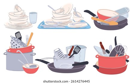 Stack dishes. A pile of clean, folded kitchen utensils. Cooking food. Vector illustration