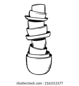 A stack of dishes. Plates, cups and mugs.Sketch