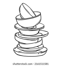 A stack of dishes. Plates, cups and mugs.Sketch