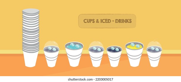 Stack Of Disposable Cup With Plastic Cover And A Row Of Iced, Colourful, Party Soda Drinks Or Slushie On A Yellow Table Or Counter Top.